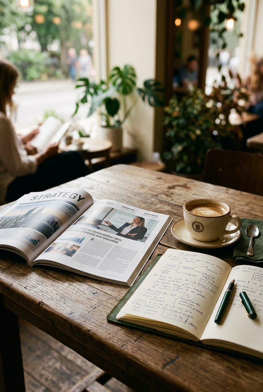An open copy of The Opportunity Mag on a cafe table beside coffee and a notebook